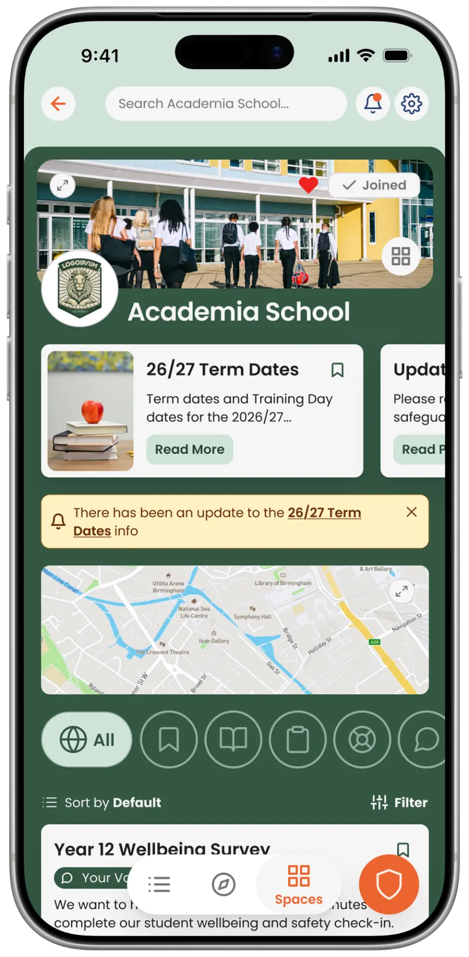 A school space in imabi with updates, a map and a wellbeing survey